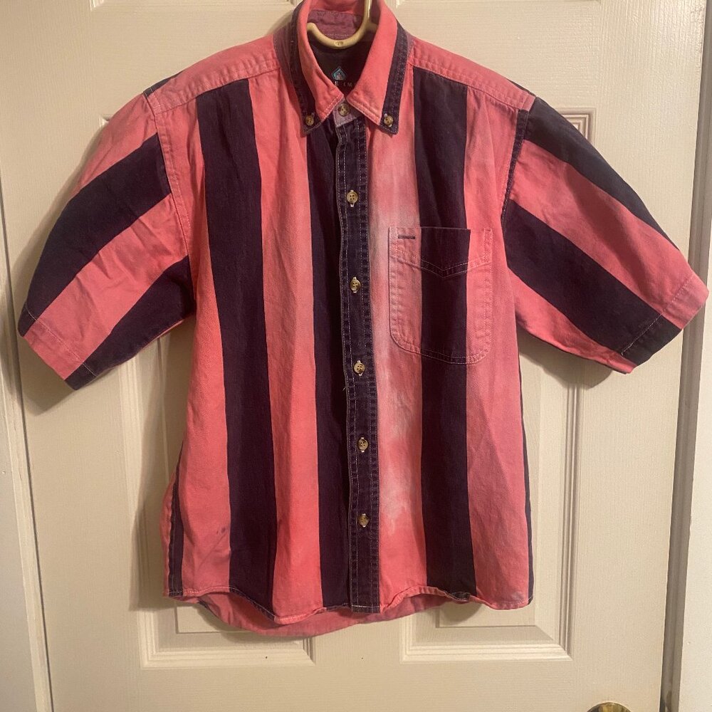 vintage Double Impact short sleeved button down size M vertical pink navy stripe